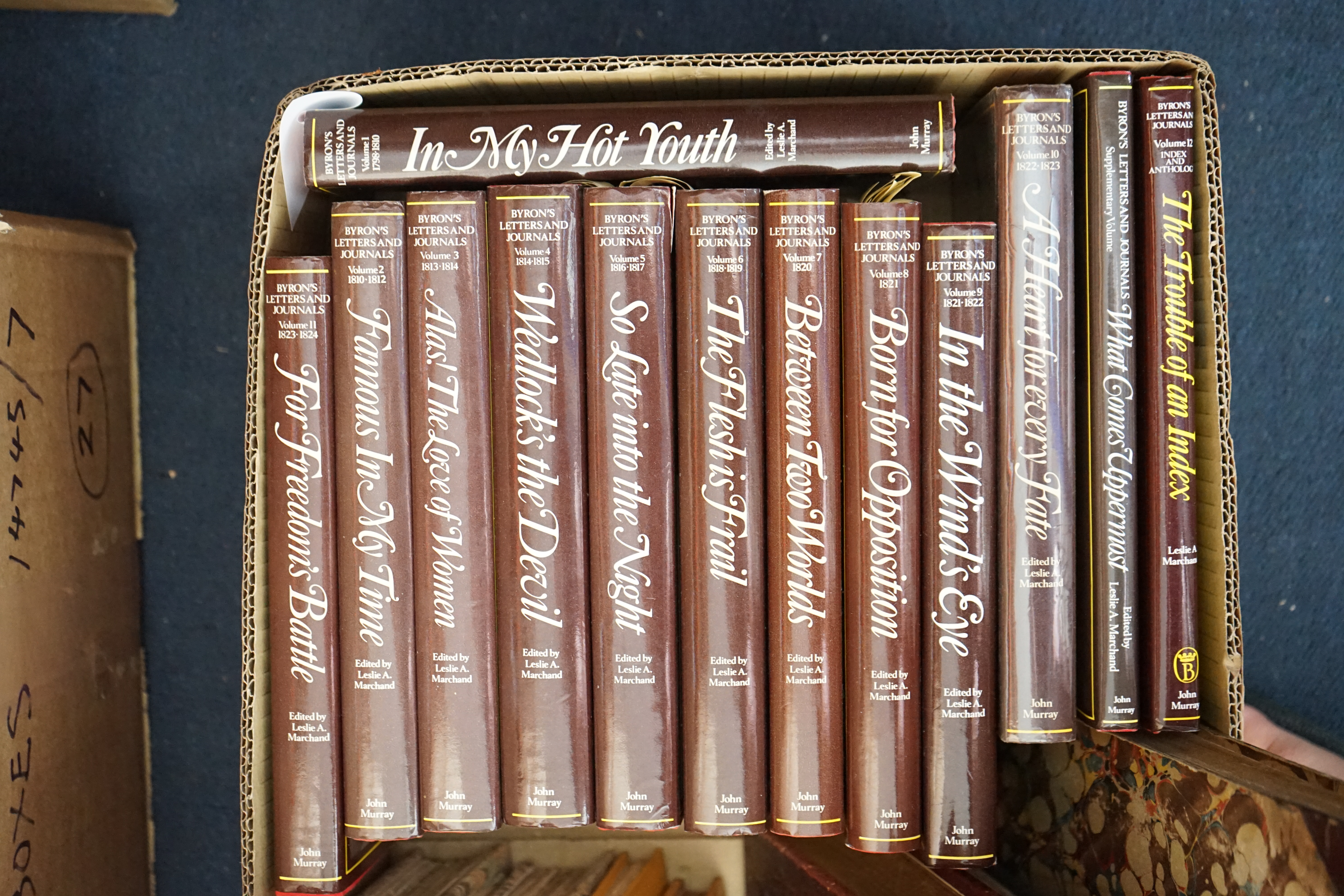 Marchant, Leslie A (editor) - Byron’s Letters and Journals, 13 vols, including general index, 8vo, original red cloth, with d/j’s, mixed editions, vol 1 with authors presentation inscription, John Murray, London, 1974-82